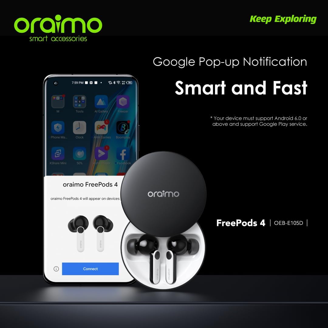 Oraimo Free pods 4 OEB - E105D Active Noise Cancellation+IPX5 Waterproof - Sweat Protection + Customize Your Listening - Black - 12 Months Local warranty