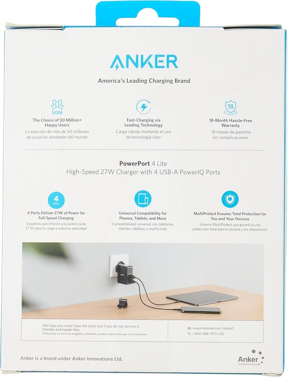 Anker powerport lite 27w 2.4a 4 port usb , uk and eu travel adapter and power iq for iphone 8/8 plus/7/6s, ipad air/mini.