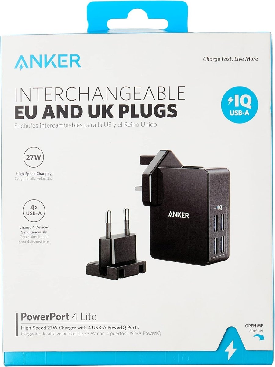 Anker powerport lite 27w 2.4a 4 port usb , uk and eu travel adapter and power iq for iphone 8/8 plus/7/6s, ipad air/mini.