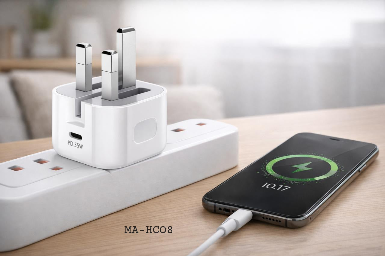 شاحن سريع 35 وات بمنفذ USB-C متوافق مع آيفون: MA-HC08 - أبيض - ضمان محلي لمدة سنة