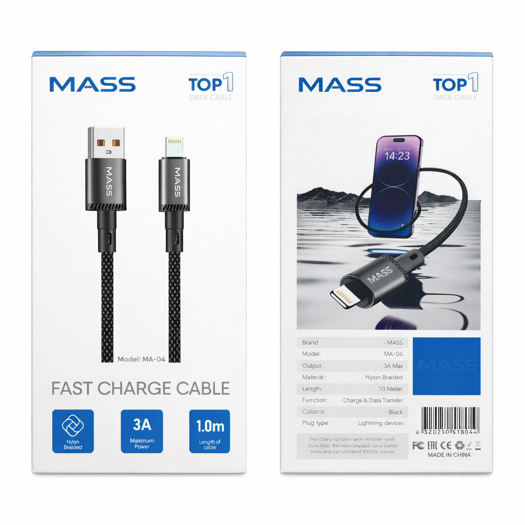 كابل إضاءة MASS بطول 1 متر، شحن سريع 3 أمبير، مضفر بالنايلون موديل: MA-04 لهواتف iPhone 15/Pro/Huawei/Samsung Galaxy/معظم هواتف Type-C، متوافق مع Apple CarPlay - ضمان محلي لمدة سنة واحدة