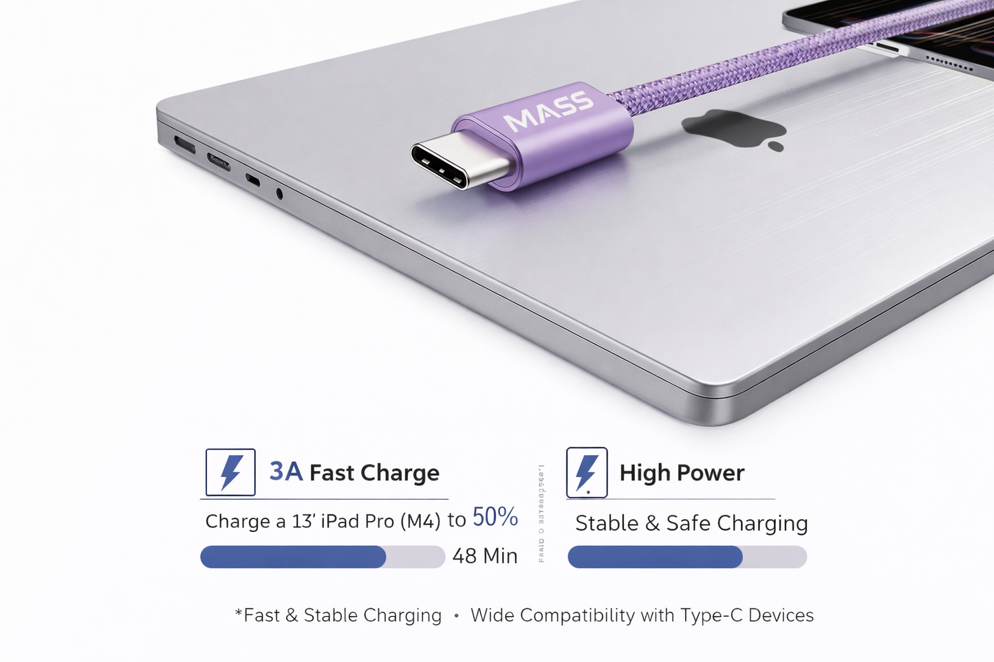كابل USB-C من MASS بطول 1 متر، شحن سريع 3 أمبير، مضفر بالنايلون، موديل: MA-05 لهواتف ايفون 15/ 15 برو/ هواوي/ سامسونج جالكسي/ معظم الهواتف من النوع C، متوافق مع نظام Carplay للسيارة - ضمان محلي لمدة سنة واحدة.