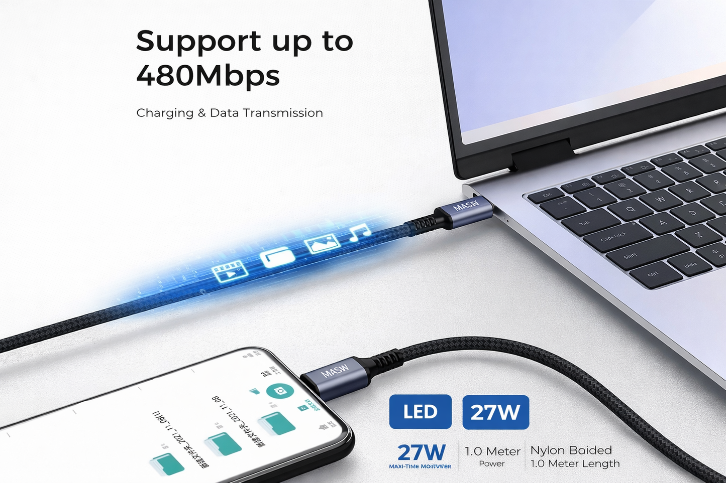 كابل USB-C إلى Lightning بقوة 27 واط مع شاشة LED رقمية (1 متر) – شحن سريع PD، نايلون مضفر - موديل: MA-12، لأجهزة iPhone و iPad بتصميم قماشي مضفر - ضمان محلي لمدة سنة واحدة