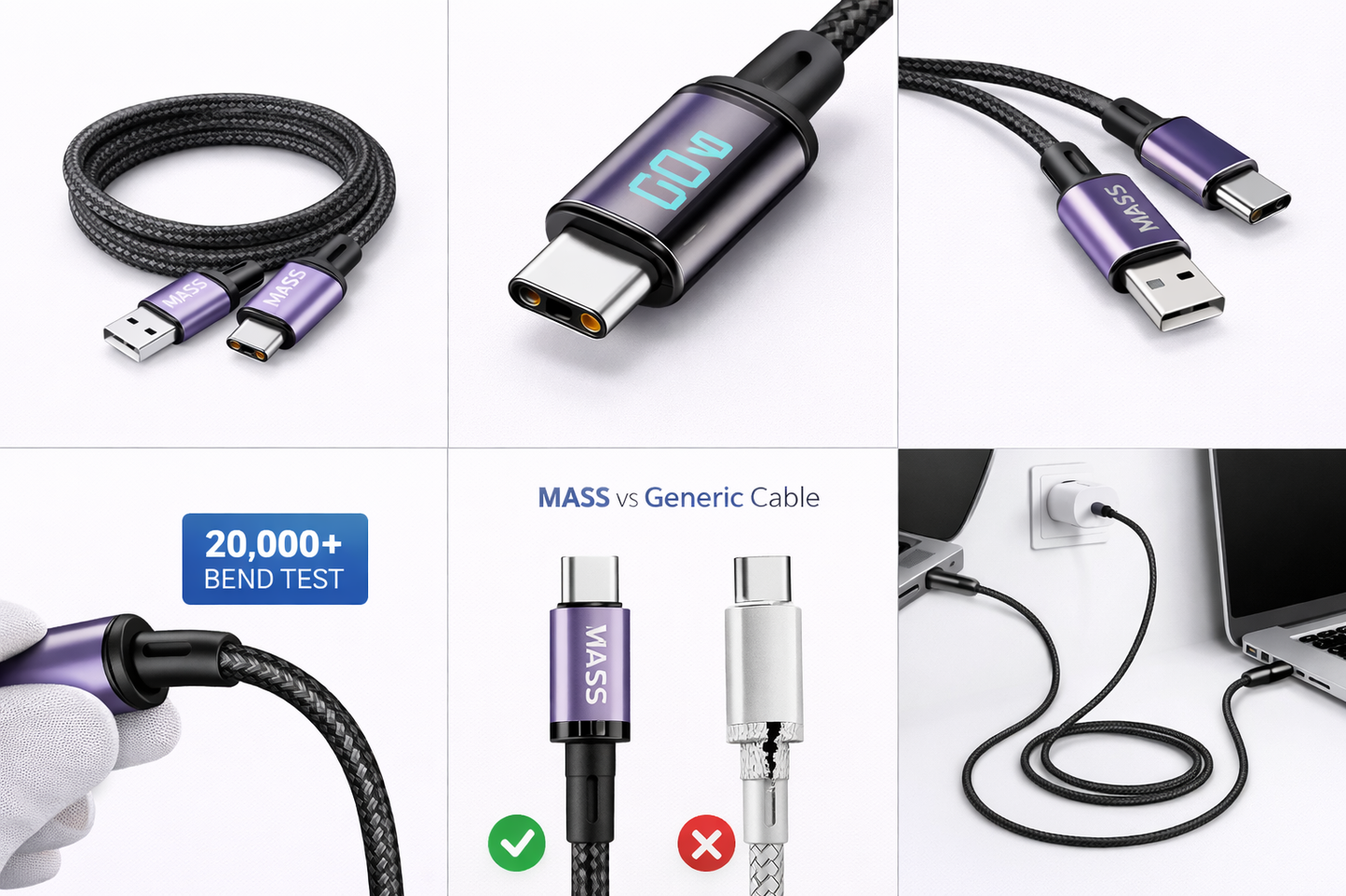 كابل Mass USB-C إلى USB-C بقوة 60 واط مع شاشة LED رقمية (1 متر) - شحن فائق السرعة، إيقاف تشغيل تلقائي - الموديل: MA-13، لأجهزة MacBook و iPad Pro بتصميم مضفر من القماش - ضمان محلي لمدة سنة واحدة
