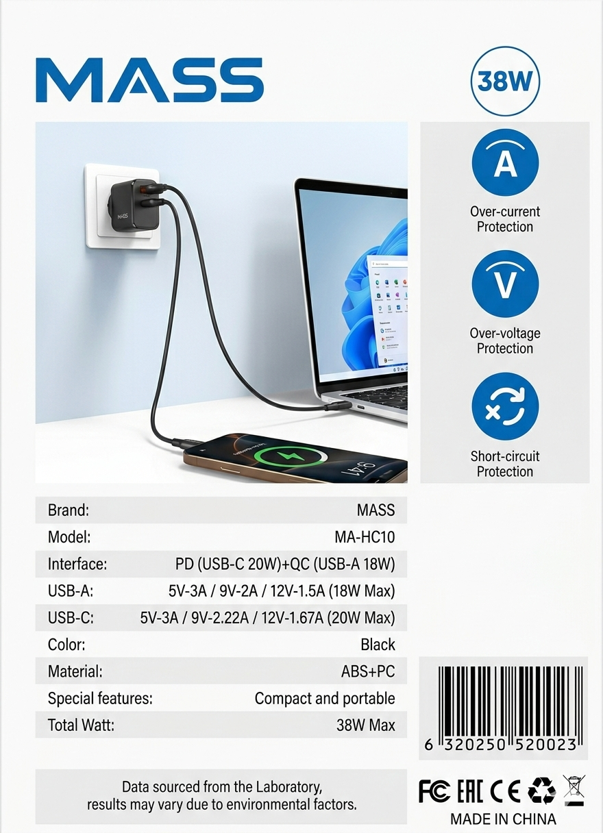 MASS Super Fast Charger, MA-HC10, Dual Port QC 18W & PD 20W, USB-C & USB-A, 1000mm Cable, Black, Europe 2 Pin Plug - 1 Year Local Warranty