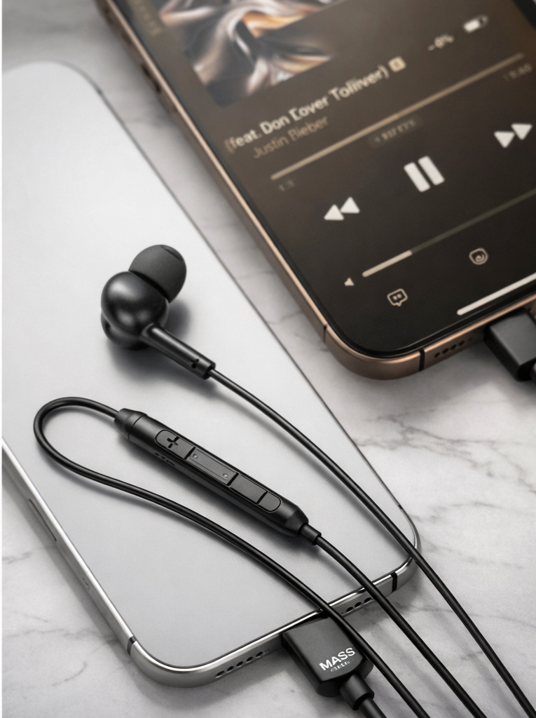 Mass Type C Earphones Model: MA-HF03 In-ear Headphones with Microphone, Nylon Braided Wired Earphones (Black) for iPhone 17/16 Plus/15 Pro/15 Pro Max Samsung S25/S24/S23 Ultra, S22/S22 Ultra, S21, A07, Redmi Note 15/14 Pro, Oneplus - 1 Year Local Warranty