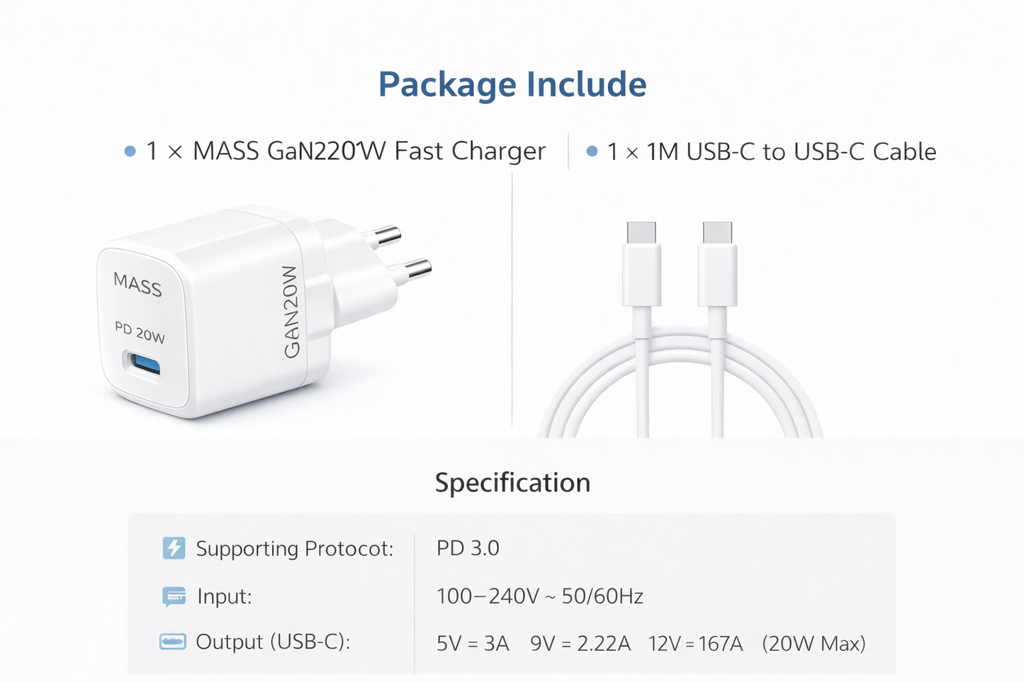 شاحن سريع ذكي صغير Mass MA-HC04 PD 20W GAN بمقبس أوروبي مع كابل USB-C إلى USB-C بطول 1 متر، لون أبيض | ضمان 12 شهرًا