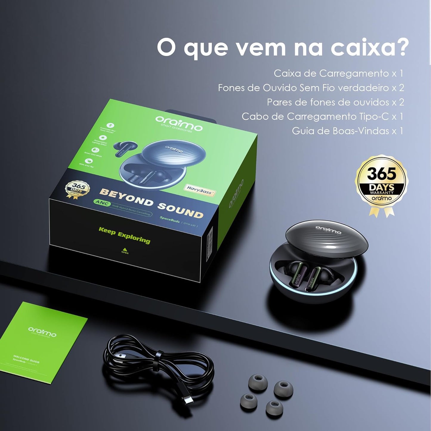 Oraimo SpaceBuds Hybrid ANC True Wireless Earbuds OTW-630 Customized Voice Prompt, 40-Hr Long Playtime, Case Input: Type-C, Waterproof: IPX4, Space Grey - 12 Month Warranty