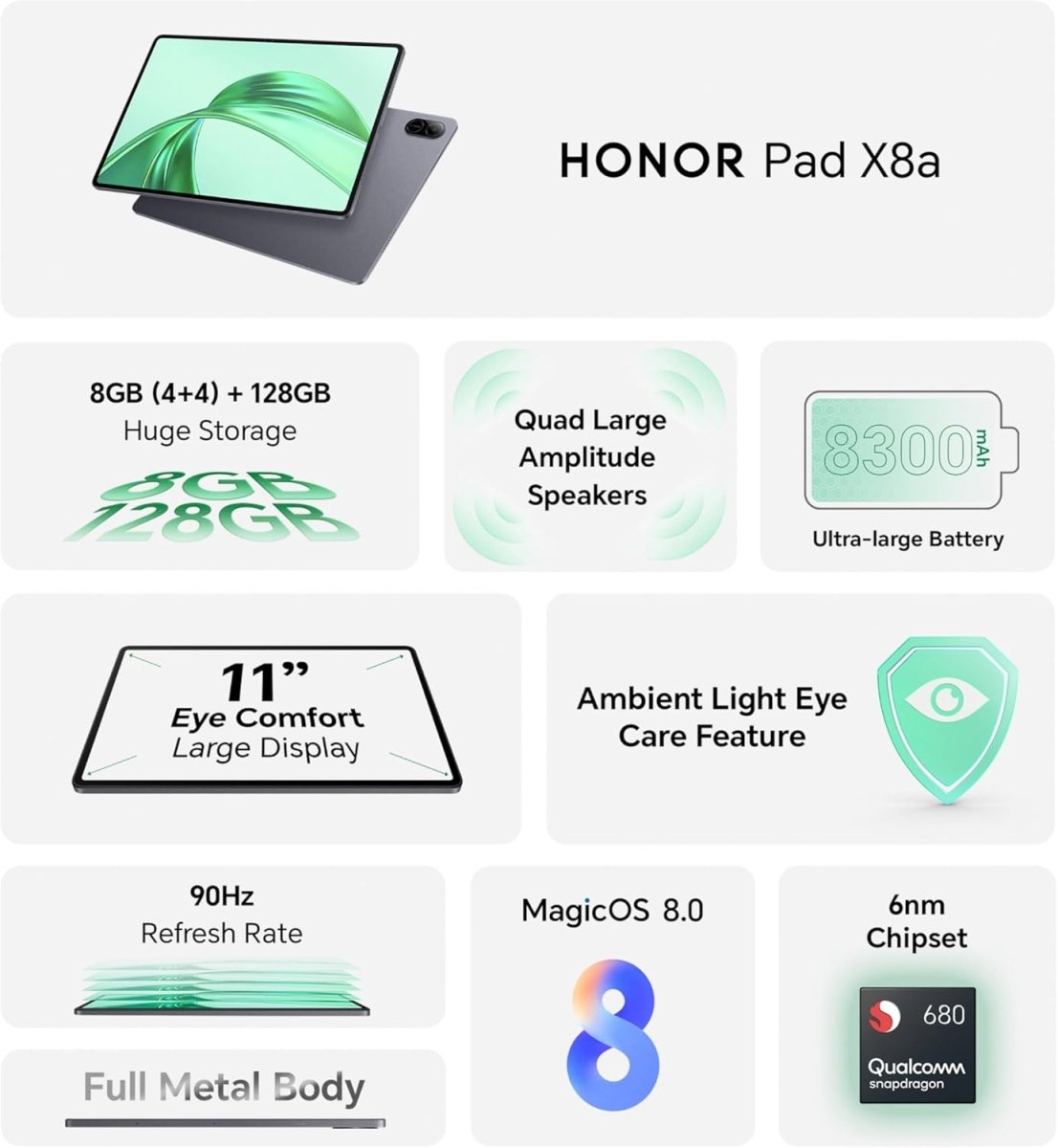HONOR Pad X8a 4GB RAM 128GB ROM 11 Inch Tablet Wi - Fi with FREE Flip Cover, 8300mAh Battery, Slim Metal Design, Space Grey