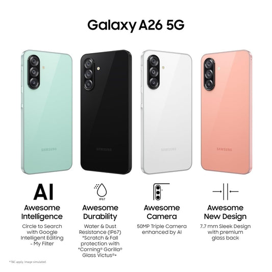 samsung-galaxy-a26-5g-8gb-256gb-awesome-intelligence-ai-smartphone-circle-to-search-my-filter-object-eraser-50mp-triple-camera-ip67-313473 - سوق ستور Souq Store