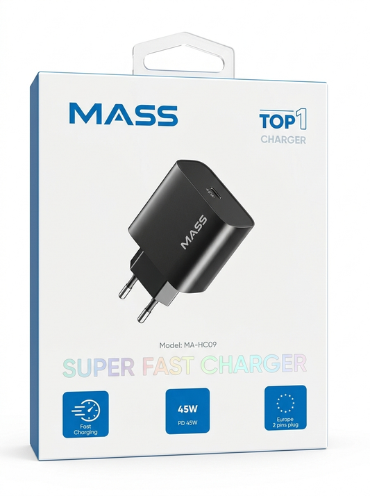 محول طاقة PD بقوة 45 واط بتصميم مدمج | منفذ USB-C | شحن فائق السرعة الموديل: MA-HC09 (أسود) - ضمان محلي لمدة سنة واحدة