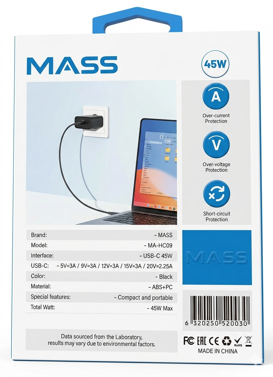 Mass 45W PD Power Adapter With Compact Design | USB-C Port | Super Fast Charging Model: MA-HC09 (Black) - 1 Year Local Warranty