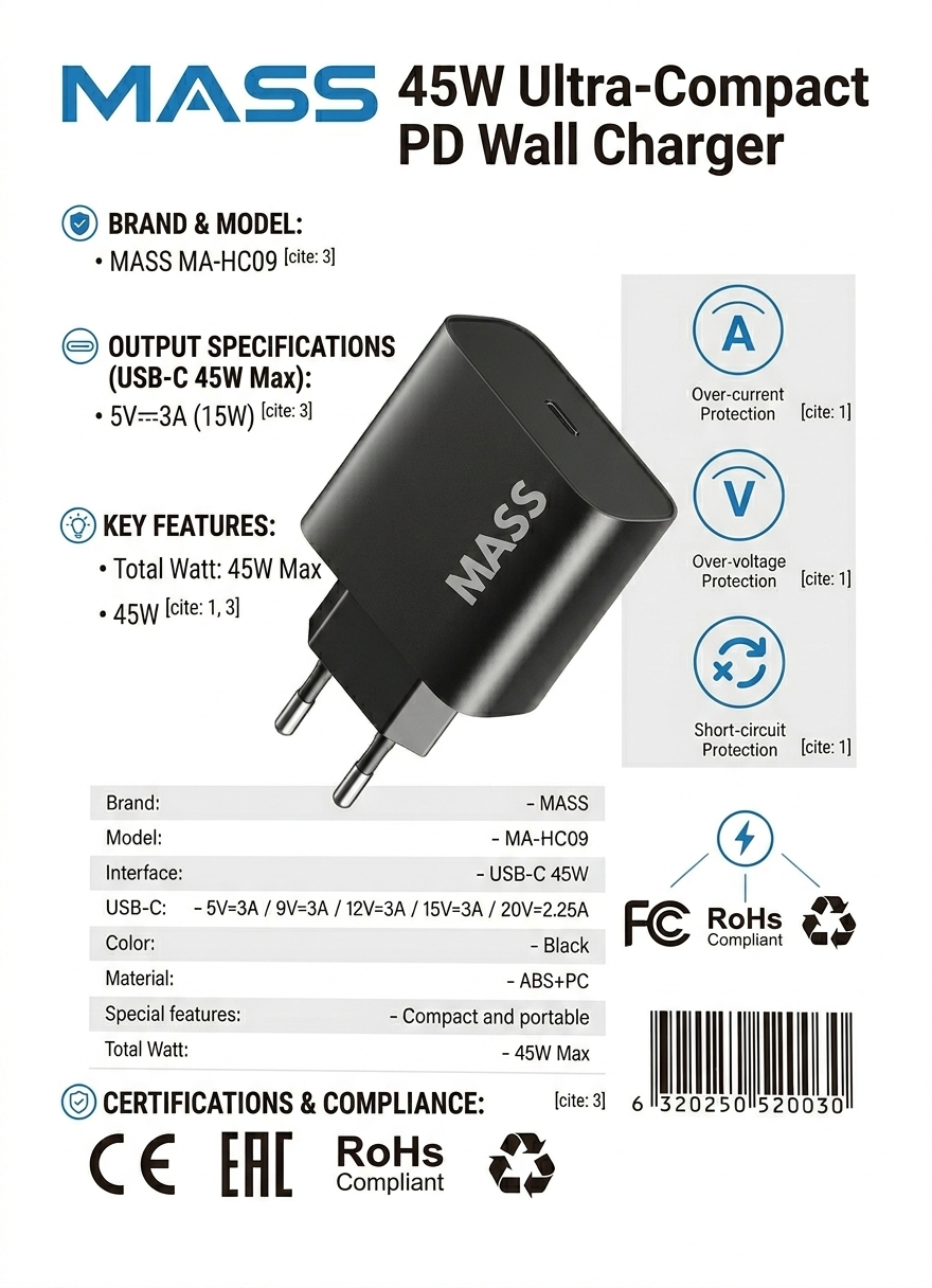 Mass 45W PD Power Adapter With Compact Design | USB-C Port | Super Fast Charging Model: MA-HC09 (Black) - 1 Year Local Warranty