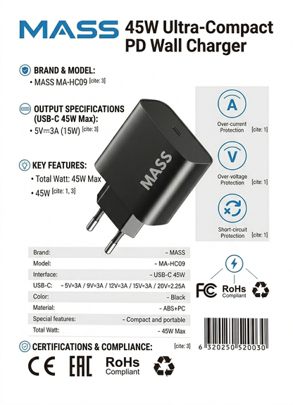 Mass 45W PD Power Adapter With Compact Design | USB-C Port | Super Fast Charging Model: MA-HC09 (Black) - 1 Year Local Warranty