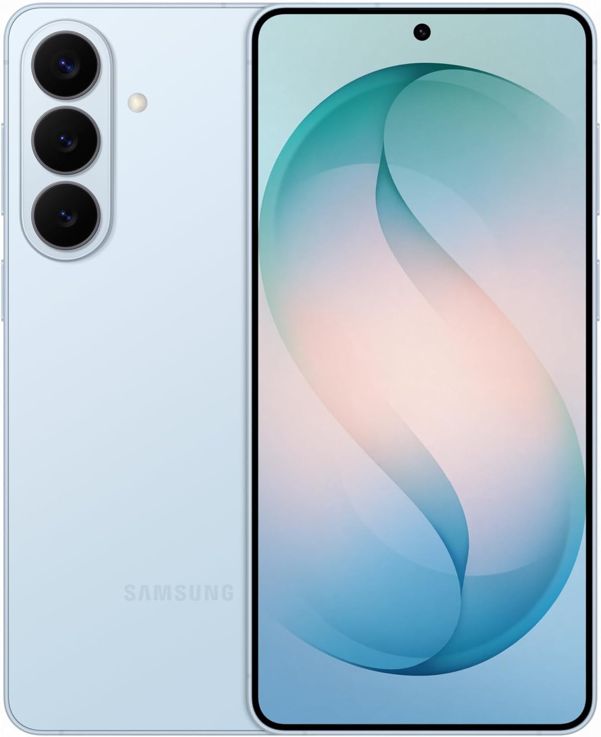 Samsung smartphone showing front and back on a light gray background