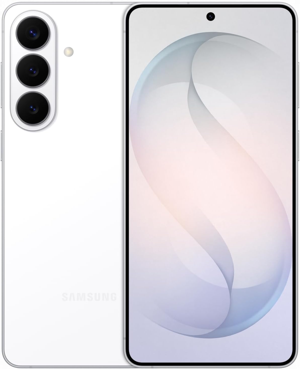 Samsung smartphone showing front and back views on a white background
