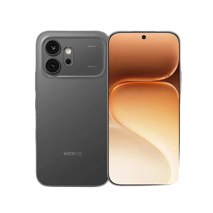 Two Honor smartphones, one black and one with a gradient design, on a black background.