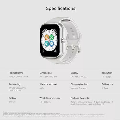 HONOR Choice D4 Smart Watch (BOT-WB01), 1.85'' HD Display, Heart Rate & SpO2 Monitoring, 120+ Workout Modes, IP68 Waterproof, Smart Notifications, Sleek Lightweight Design - Local Warranty