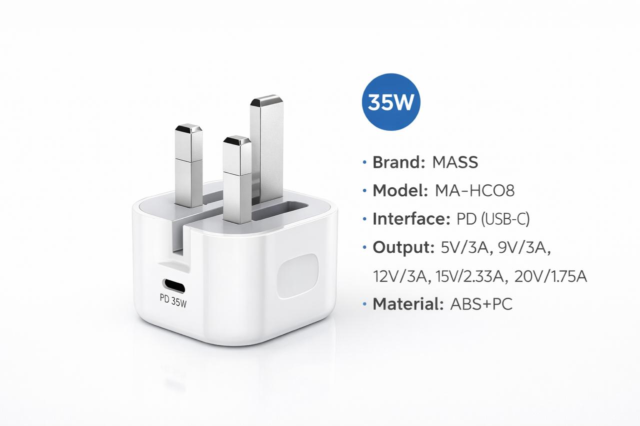 شاحن سريع 35 وات بمنفذ USB-C متوافق مع آيفون: MA-HC08 - أبيض - ضمان محلي لمدة سنة