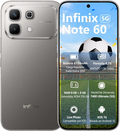 Infinix NOTE 60 5G Dual SIM Smartphone, 6.78 Inches 144Hz AMOLED Display, 8GB RAM, 256GB Storage, 50MP Rear Camera,13MP Front Camera, 6150mAh,- 24 Month Warranty