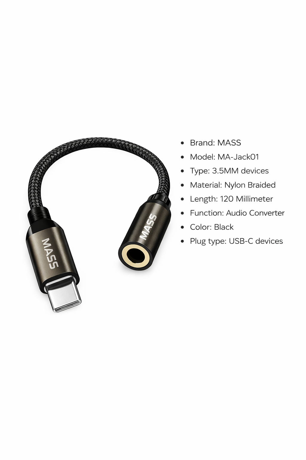 محول جاك سماعة رأس أنثى USB-C رقمي إلى 3.5 ملم، محول دونجل صوتي مساعد من النوع C موديل: MA-Jack01 يناسب الهواتف الذكية المتنوعة - أسود