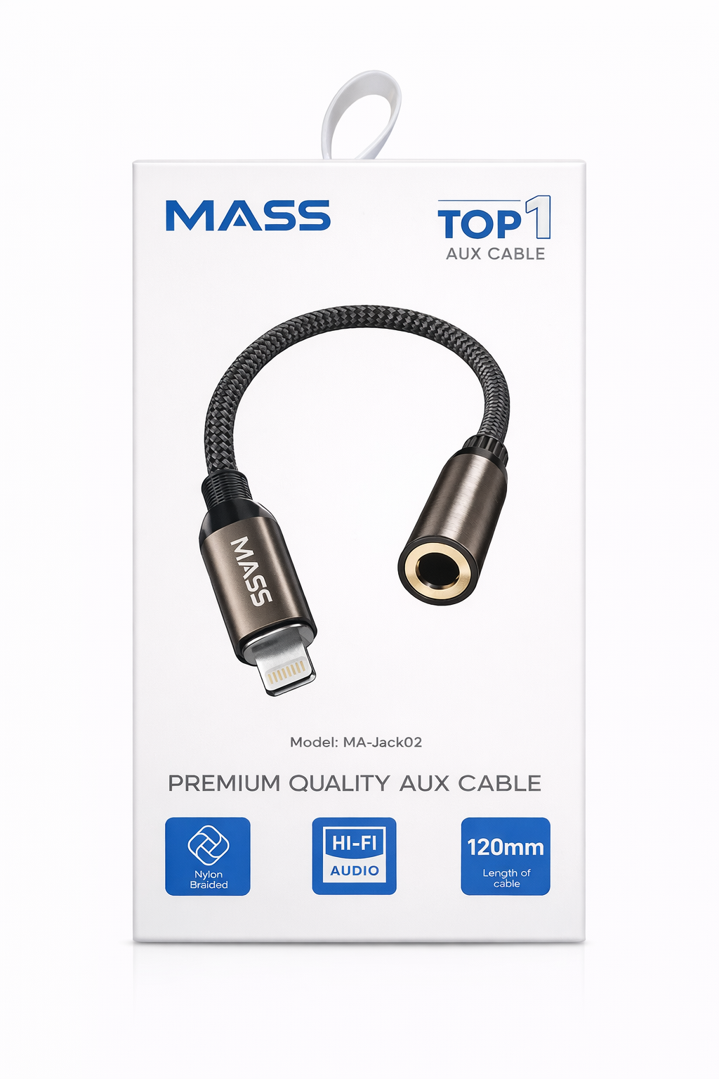 Mass Aux cable packaging with cable on a white background