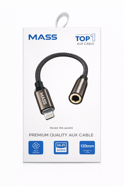 Mass Aux cable packaging with cable on a white background