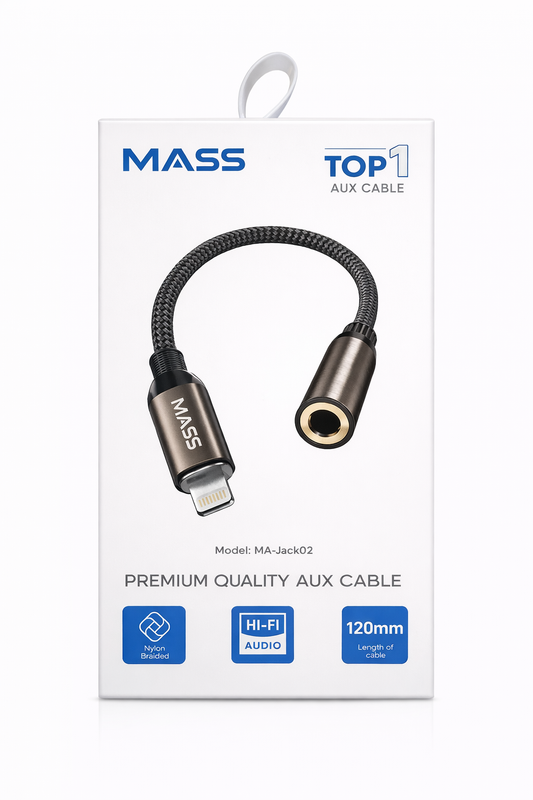 Mass Aux cable packaging with cable on a white background