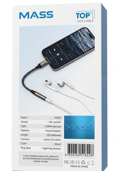 Box of a Mass aux cable with earphones on a white background