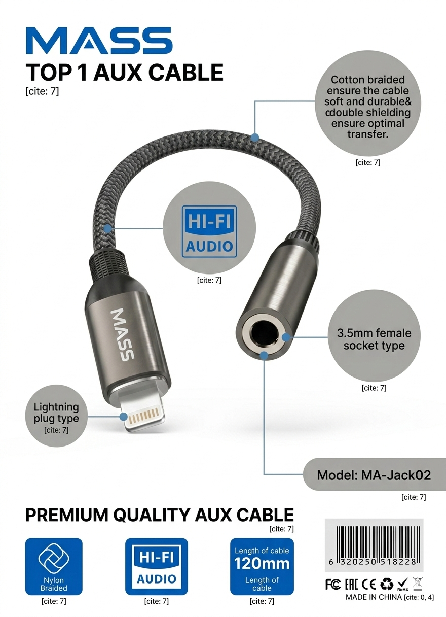 Mass Top 1 Aux cable with specifications and branding on a white background
