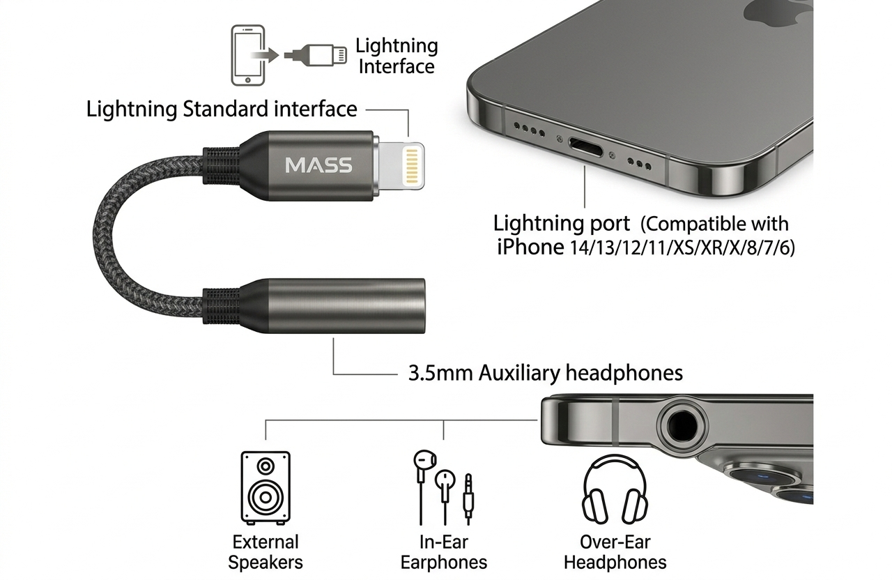 Diagram of a Lightning cable and its compatibility with various devices.
