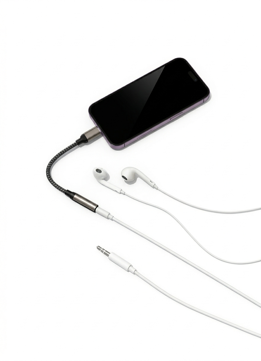 Phone with headphones and charging cable on a white background
