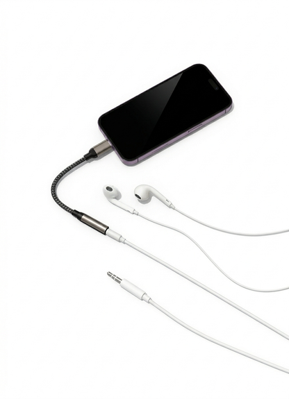 Phone with headphones and charging cable on a white background