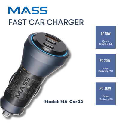 شاحن سيارة جماعي مع 3 منافذ USB شحن سريع PD 30W, PD 20W, QC 18W، موديل: MA-Car02 للهواتف الذكية والأجهزة اللوحية، أسود - ضمان محلي لمدة سنة واحدة