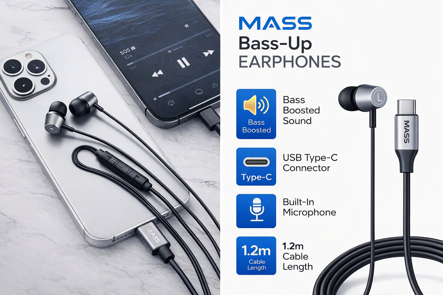 Mass Type C Earphones, MA-HF01, In-ear Headphones with Microphone USB C Wired Earphones (Black) for iPhone 17/16 Plus/15 Pro/15 Pro Max Samsung S25/S24/S23 Ultra, S22/S22 Ultra, S21, A07, Redmi Note 15/14 Pro, Oneplus - 1 Year Local Warranty