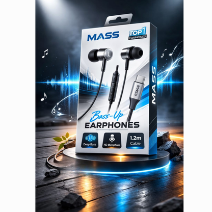 Mass Type C Earphones, MA-HF01, In-ear Headphones with Microphone USB C Wired Earphones (Black) for iPhone 17/16 Plus/15 Pro/15 Pro Max Samsung S25/S24/S23 Ultra, S22/S22 Ultra, S21, A07, Redmi Note 15/14 Pro, Oneplus - 1 Year Local Warranty