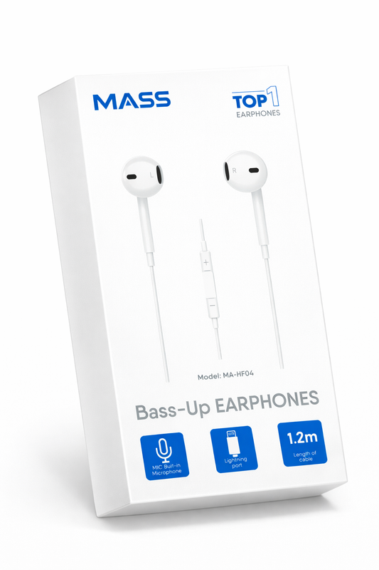 Mass Wired Earphones with Lightning Connector – Premium In-Ear Audio, Built-In Microphone,MA-HF04 - White 1 Year Local Warranty