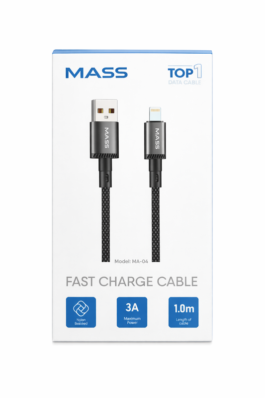 MASS Lighting Cable 1M Length, 3A Fast Charging, Nylon Braided Model: MA-04 for iPhone 15/Pro/Huawei/Samsung Galaxy/Most Type-C Phones, Car Carplay Compatible - 1 Year Local Warranty