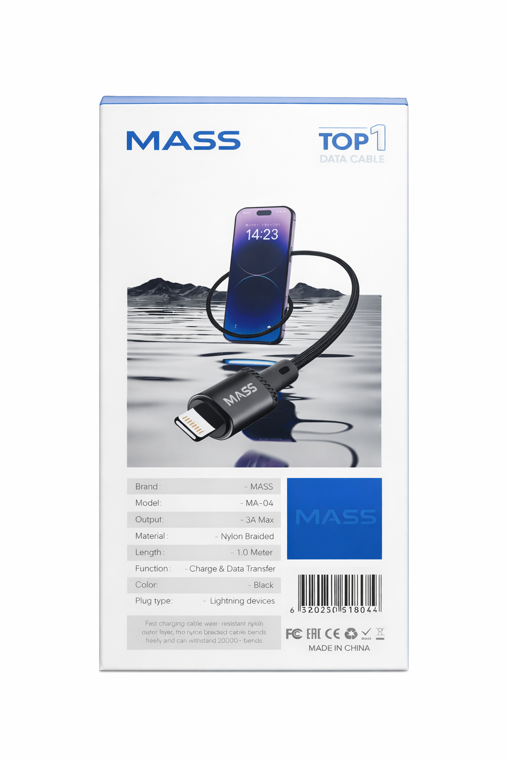 كابل إضاءة MASS بطول 1 متر، شحن سريع 3 أمبير، مضفر بالنايلون موديل: MA-04 لهواتف iPhone 15/Pro/Huawei/Samsung Galaxy/معظم هواتف Type-C، متوافق مع Apple CarPlay - ضمان محلي لمدة سنة واحدة