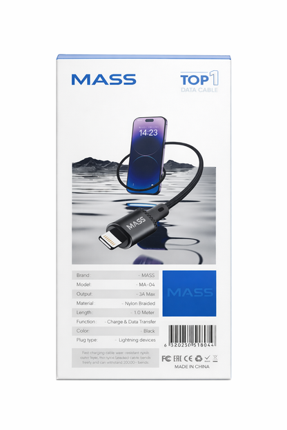 كابل إضاءة MASS بطول 1 متر، شحن سريع 3 أمبير، مضفر بالنايلون موديل: MA-04 لهواتف iPhone 15/Pro/Huawei/Samsung Galaxy/معظم هواتف Type-C، متوافق مع Apple CarPlay - ضمان محلي لمدة سنة واحدة
