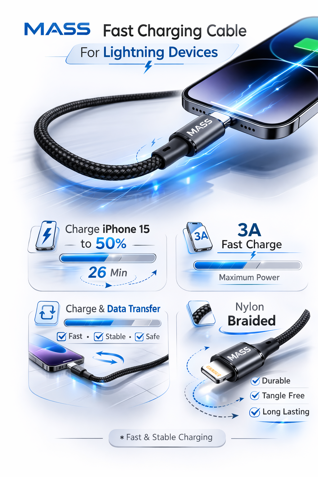 كابل إضاءة MASS بطول 1 متر، شحن سريع 3 أمبير، مضفر بالنايلون موديل: MA-04 لهواتف iPhone 15/Pro/Huawei/Samsung Galaxy/معظم هواتف Type-C، متوافق مع Apple CarPlay - ضمان محلي لمدة سنة واحدة