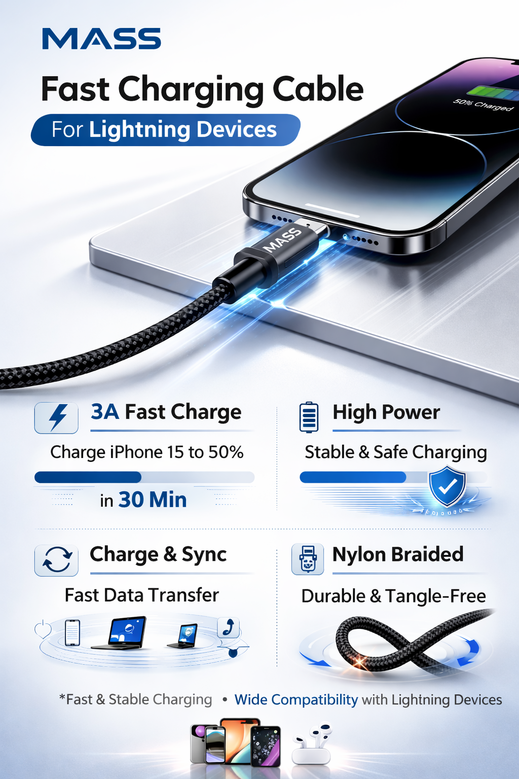 كابل إضاءة MASS بطول 1 متر، شحن سريع 3 أمبير، مضفر بالنايلون موديل: MA-04 لهواتف iPhone 15/Pro/Huawei/Samsung Galaxy/معظم هواتف Type-C، متوافق مع Apple CarPlay - ضمان محلي لمدة سنة واحدة