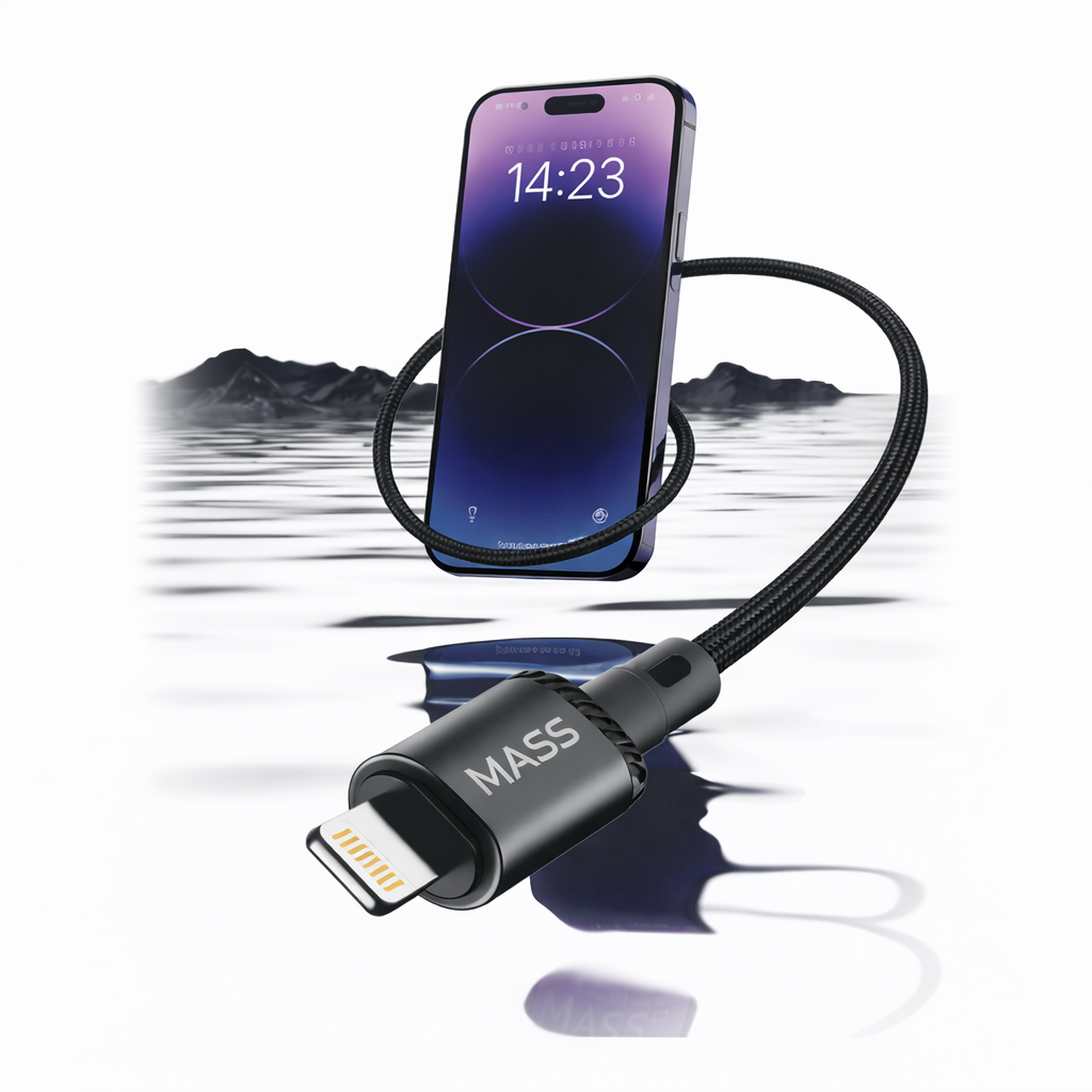 كابل إضاءة MASS بطول 1 متر، شحن سريع 3 أمبير، مضفر بالنايلون موديل: MA-04 لهواتف iPhone 15/Pro/Huawei/Samsung Galaxy/معظم هواتف Type-C، متوافق مع Apple CarPlay - ضمان محلي لمدة سنة واحدة