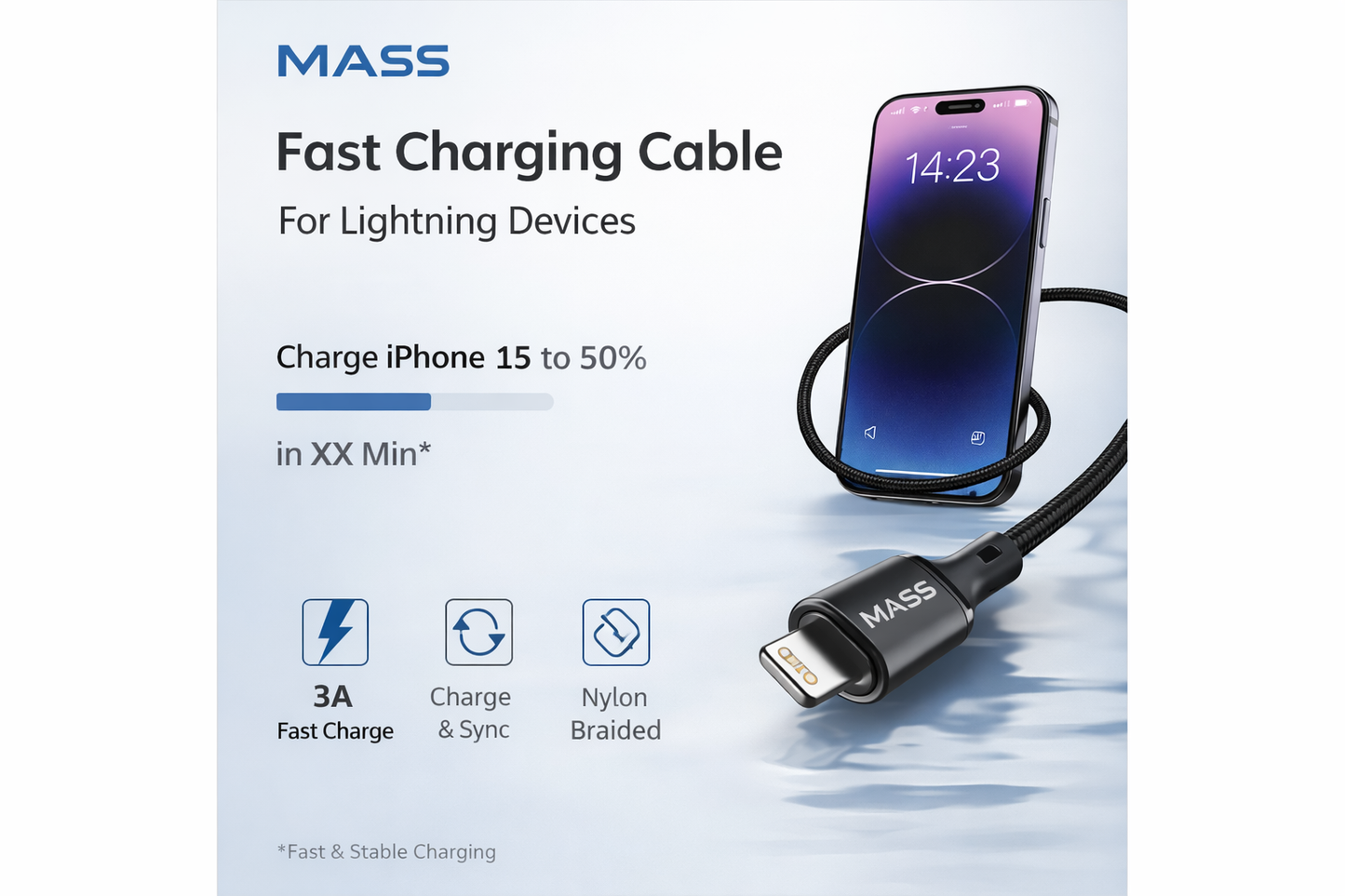 كابل إضاءة MASS بطول 1 متر، شحن سريع 3 أمبير، مضفر بالنايلون موديل: MA-04 لهواتف iPhone 15/Pro/Huawei/Samsung Galaxy/معظم هواتف Type-C، متوافق مع Apple CarPlay - ضمان محلي لمدة سنة واحدة