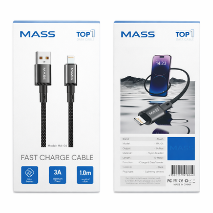 كابل إضاءة MASS بطول 1 متر، شحن سريع 3 أمبير، مضفر بالنايلون موديل: MA-04 لهواتف iPhone 15/Pro/Huawei/Samsung Galaxy/معظم هواتف Type-C، متوافق مع Apple CarPlay - ضمان محلي لمدة سنة واحدة