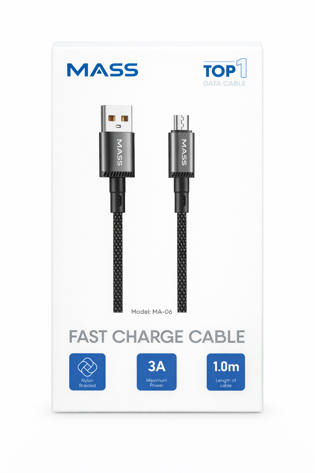 MASS MICRO Cable 1M Length, 3A Fast Charging, Nylon Braided Model: MA-06 for Huawei/Samsung Galaxy/Most MICRO Phones, Car Carplay Compatible - 1 Year Local Warranty.