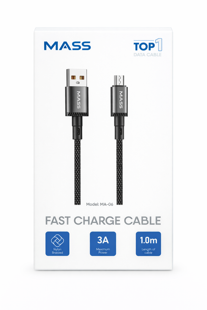 MASS MICRO Cable 1M Length, 3A Fast Charging, Nylon Braided Model: MA-06 for Huawei/Samsung Galaxy/Most MICRO Phones, Car Carplay Compatible - 1 Year Local Warranty.