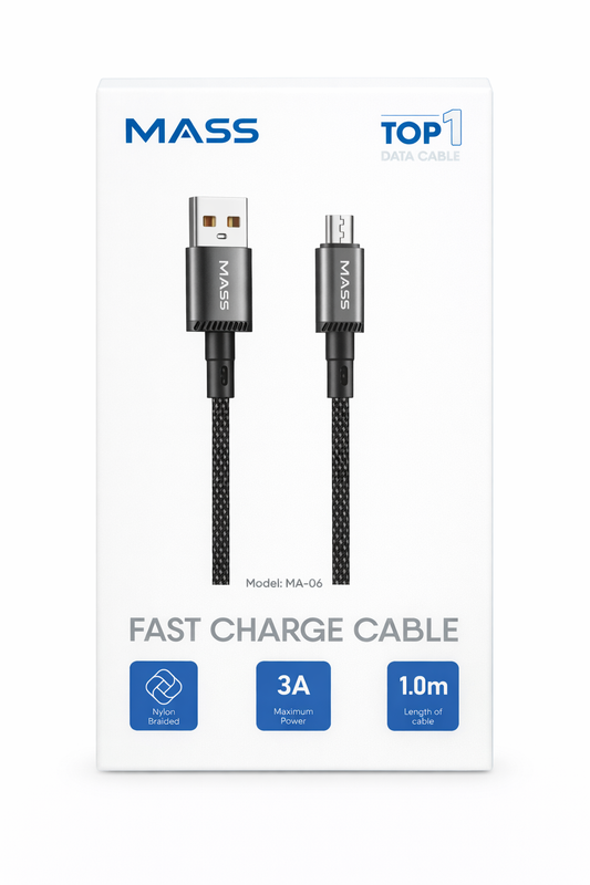 MASS MICRO Cable 1M Length, 3A Fast Charging, Nylon Braided Model: MA-06 for Huawei/Samsung Galaxy/Most MICRO Phones, Car Carplay Compatible - 1 Year Local Warranty.