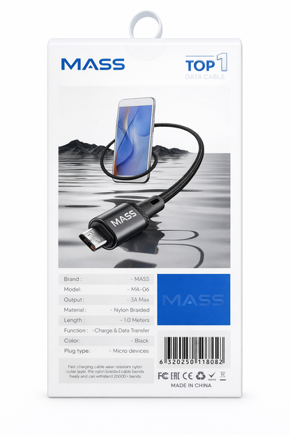 MASS MICRO Cable 1M Length, 3A Fast Charging, Nylon Braided Model: MA-06 for Huawei/Samsung Galaxy/Most MICRO Phones, Car Carplay Compatible - 1 Year Local Warranty.