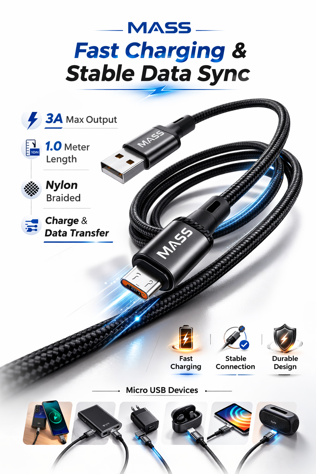 MASS MICRO Cable 1M Length, 3A Fast Charging, Nylon Braided Model: MA-06 for Huawei/Samsung Galaxy/Most MICRO Phones, Car Carplay Compatible - 1 Year Local Warranty.